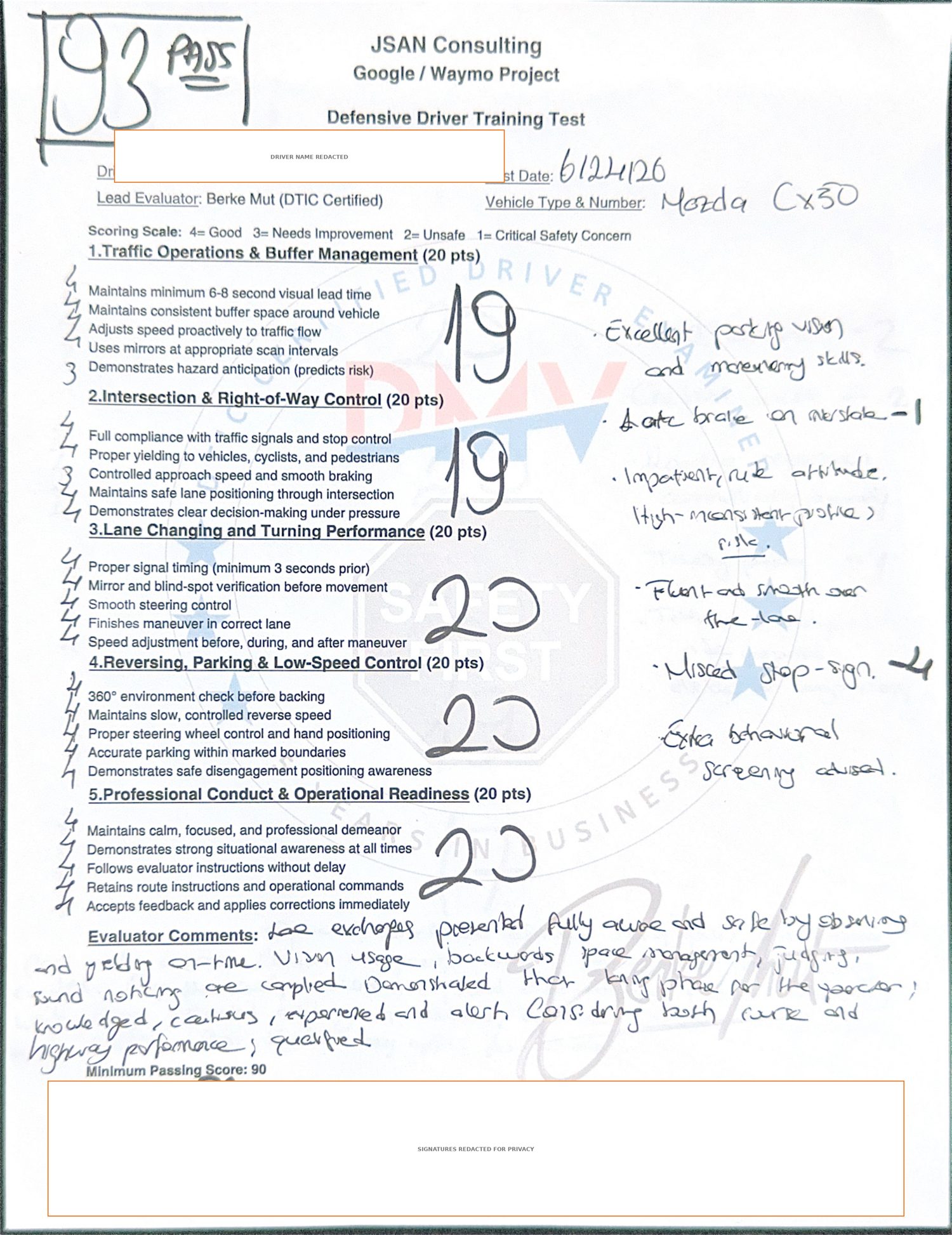 redacted evaluation sheet, score 93