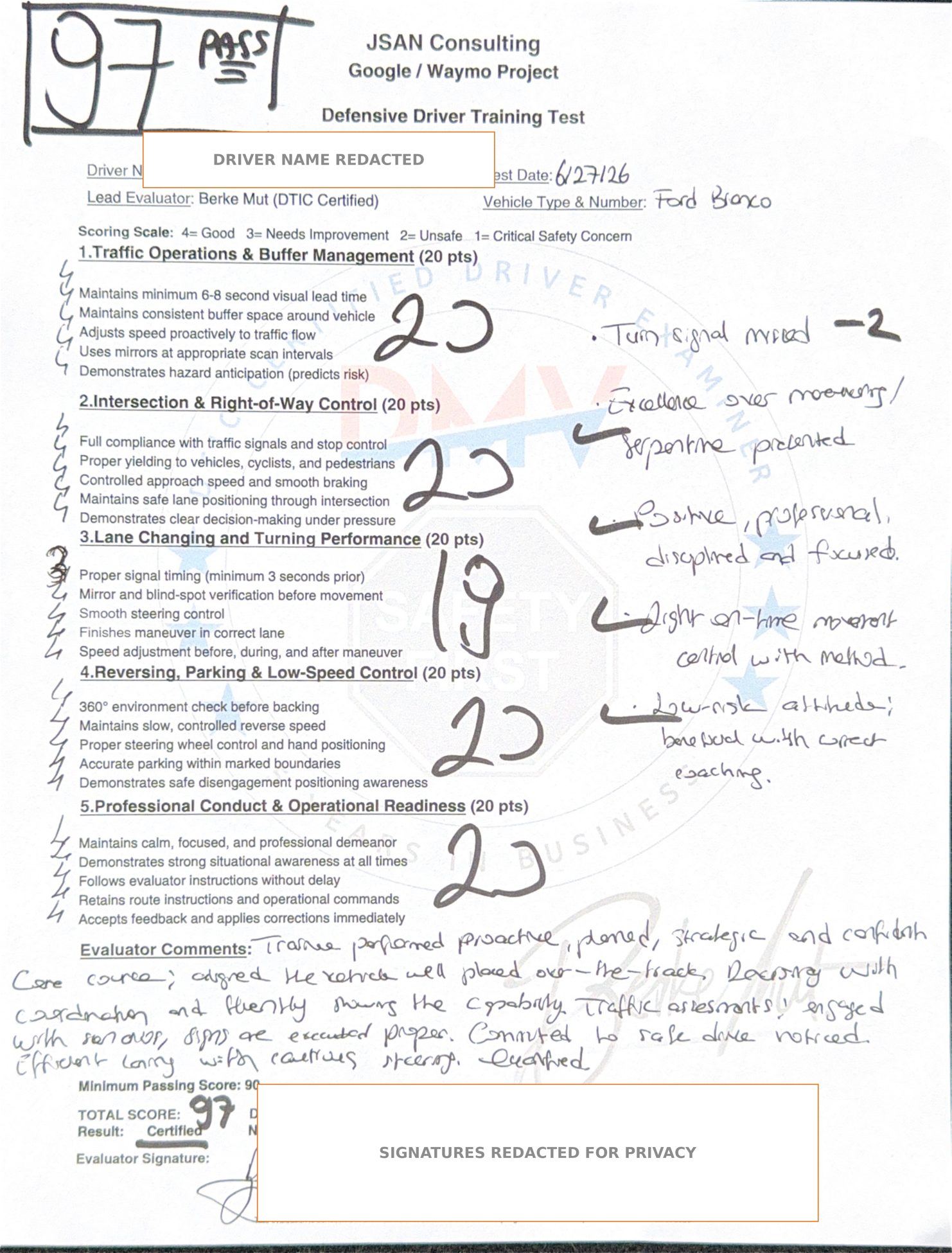 redacted evaluation sheet, score 97