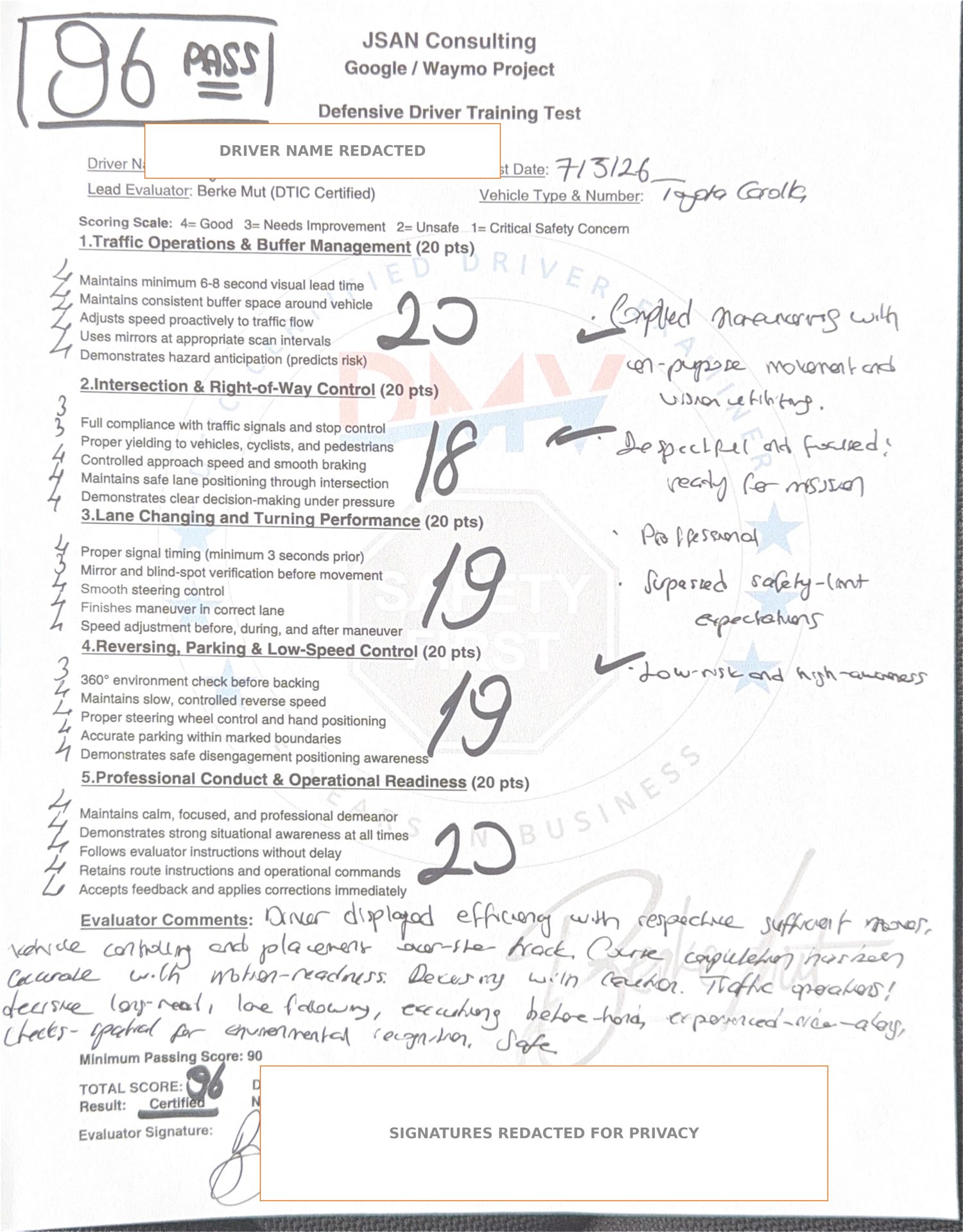 redacted evaluation sheet, score 96
