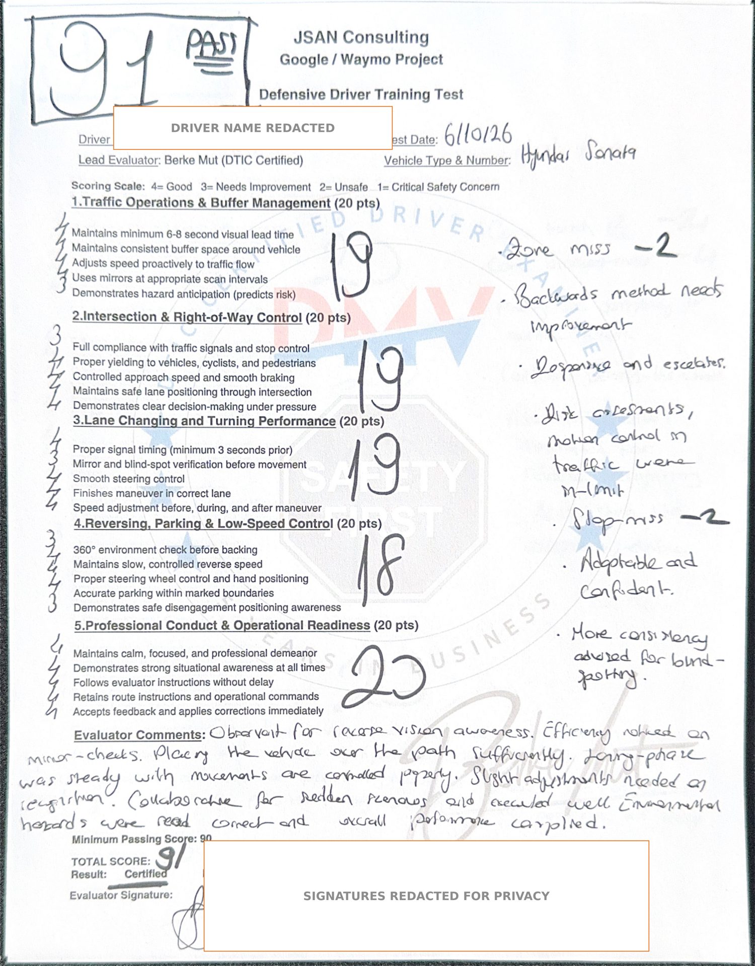 redacted evaluation sheet, score 91