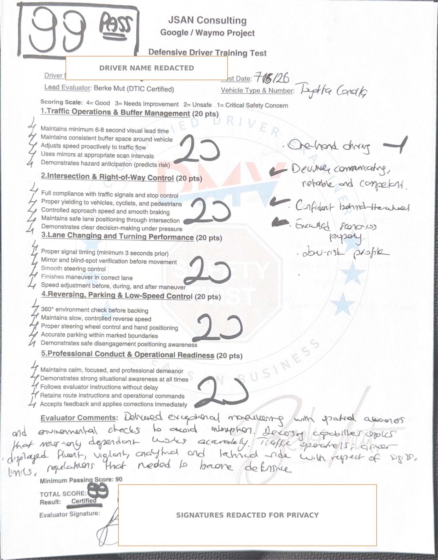 redacted evaluation sheet, score 99
