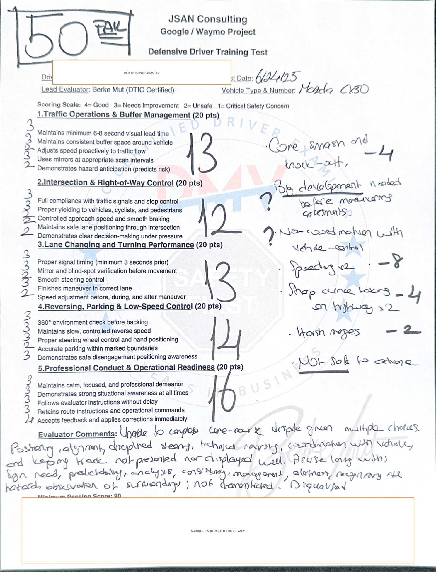 redacted evaluation sheet, score 50