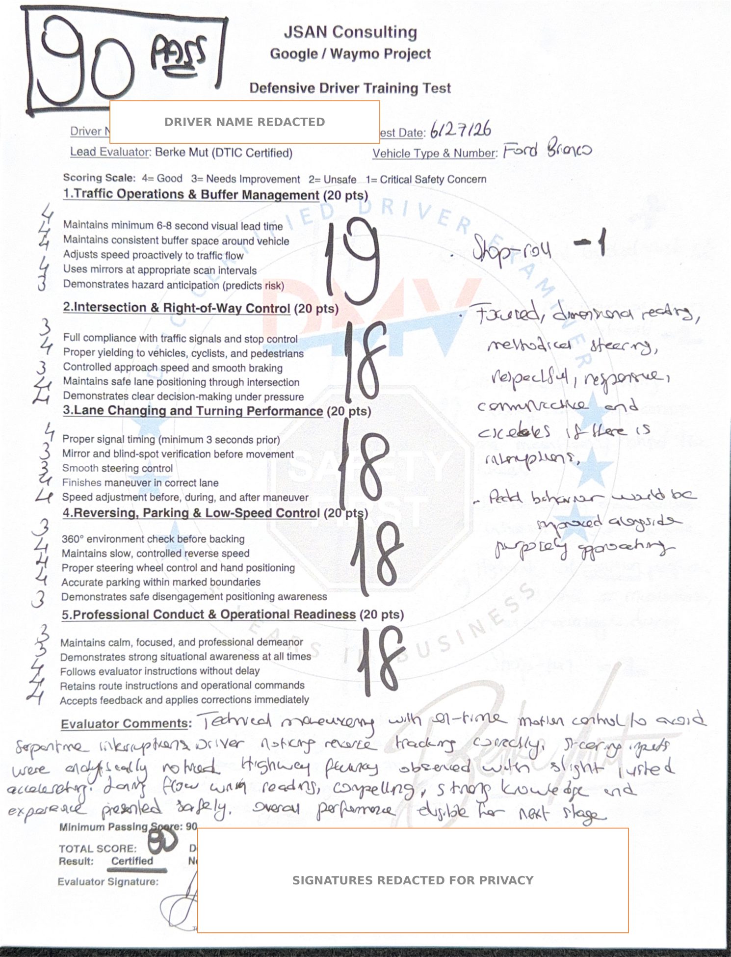 redacted evaluation sheet, score 90